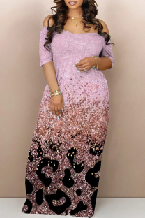 Pink Casual Gradient Geometric Print Contrast Off the Shoulder Printed Dresses