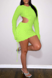 Blue Casual Solid Hollowed Out O Neck Long Sleeve Dresses
