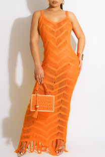 Orange Sexy Solid Tassel Patchwork See-through Backless Swimwears Cover Up