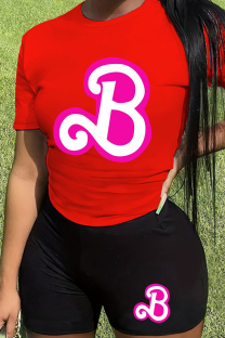 Red Black Casual Letter Patchwork O Neck Short Sleeve Two Pieces
