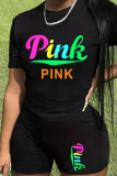 Blue Casual Print Patchwork O Neck Short Sleeve Two Pieces