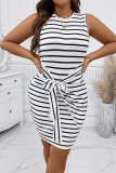 Black And White Elegant Striped Bandage Patchwork O Neck Wrapped Skirt Plus Size Dresses