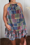 Multicolor Sexy Print Bandage Patchwork Halter Straight Dresses