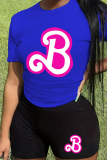 Pink Black Casual Letter Patchwork O Neck Short Sleeve Two Pieces