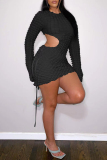 Blue Casual Solid Hollowed Out O Neck Long Sleeve Dresses