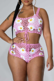 Green Casual Floral Bandage Hollowed Out Patchwork See-through Backless Square Collar Sleeveless Two Pieces