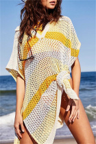 Beige Casual Patchwork Hollowed Out Contrast Swimwears Cover Up