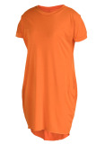 Rose Red Casual Solid Basic O Neck Short Sleeve Short Sleeve Dress