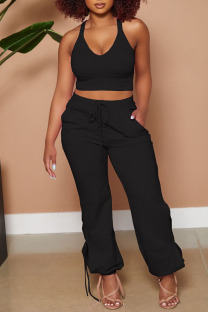 Black Casual Solid Vests Pants V Neck Sleeveless Two Pieces