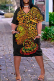 Yellow Casual Print Patchwork Basic V Neck Short Sleeve Short Sleeve Dress