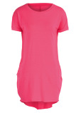 Rose Red Casual Solid Basic O Neck Short Sleeve Short Sleeve Dress
