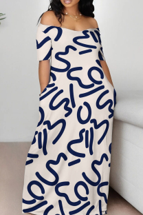 White Blue Casual Print Backless Off Shoulder Long Dresses
