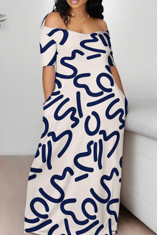 White Blue Casual Print Backless Off Shoulder Long Dresses