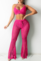 Rose Red Sexy Solid Bandage Hollowed Out See-through Backless Weave Halter Sleeveless Two Pieces