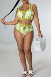 Green Casual Floral Bandage Hollowed Out Patchwork See-through Backless Square Collar Sleeveless Two Pieces