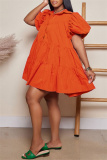 Orange Casual Solid Turndown Collar Short Sleeve Short Sleeve Dress