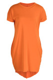 Rose Red Casual Solid Basic O Neck Short Sleeve Short Sleeve Dress