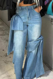 Blue Casual Solid Patchwork High Waist Regular Denim Jeans