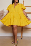 Orange Casual Solid Turndown Collar Short Sleeve Short Sleeve Dress