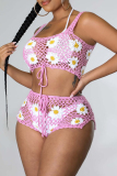Green Casual Floral Bandage Hollowed Out Patchwork See-through Backless Square Collar Sleeveless Two Pieces
