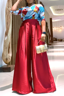 Red Elegant Print Patchwork V Neck Half Sleeve Two Pieces