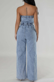 Light Blue Street Buckle Strapless Sleeveless Loose Denim Jumpsuits