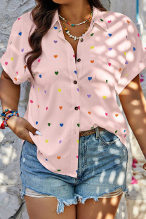 Light Pink Sweet Heart Shaped Patchwork Buckle Turndown Collar Plus Size Tops