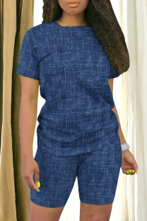 Blue Casual Print Patchwork O Neck Short Sleeve Two Pieces