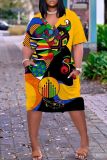 Yellow Casual Print Patchwork Basic V Neck Short Sleeve Short Sleeve Dress