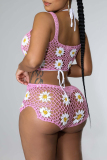 Green Casual Floral Bandage Hollowed Out Patchwork See-through Backless Square Collar Sleeveless Two Pieces
