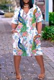 Fluorescent Green Casual Print Basic V Neck Short Sleeve Short Sleeve Dress