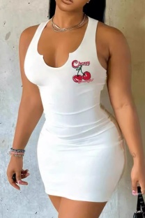 White Casual Print Basic U Neck Vest Dresses