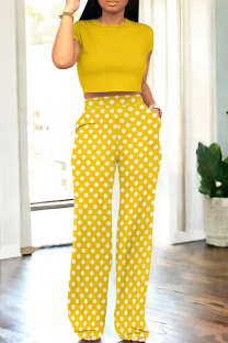 Yellow Casual Dot Patchwork Pocket O Neck Short Sleeve Two Pieces