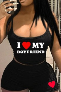 Black Sexy Casual Letter Print Backless Spaghetti Strap Sleeveless Two Pieces