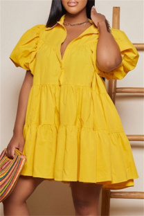 Yellow Casual Solid Turndown Collar Short Sleeve Short Sleeve Dress