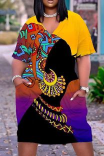 Yellow Purple Casual Print Patchwork Basic V Neck Short Sleeve Short Sleeve Dress