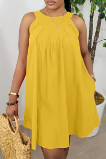 Yellow Casual Solid Pocket O Neck Sleeveless Dresses