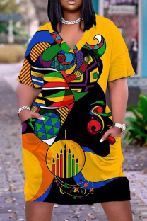 Yellow Casual Print Patchwork Basic V Neck Short Sleeve Short Sleeve Dress