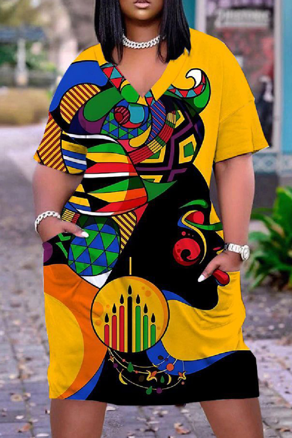 Yellow Casual Print Patchwork Basic V Neck Short Sleeve Short Sleeve Dress