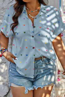 Light Blue Sweet Heart Shaped Patchwork Buckle Turndown Collar Plus Size Tops