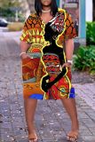 Yellow Casual Print Patchwork Basic V Neck Short Sleeve Short Sleeve Dress