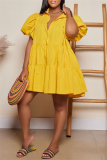 Orange Casual Solid Turndown Collar Short Sleeve Short Sleeve Dress