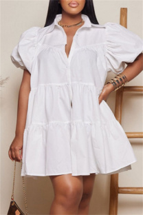 White Casual Solid Turndown Collar Short Sleeve Short Sleeve Dress