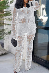 White Sexy Lace Buckle Turndown Collar Long Sleeve Two Pieces