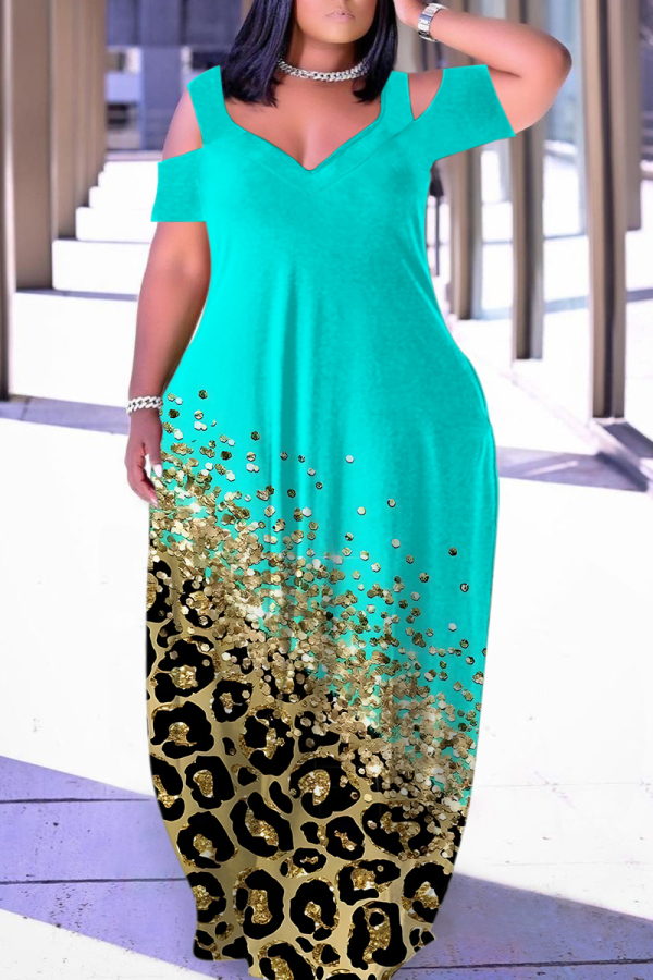 Light Blue Casual Print Hollowed Out V Neck Long Dresses