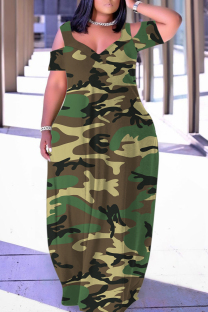 Army Green Casual Print Hollowed Out V Neck Long Dresses