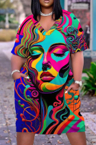Colour Casual Print Patchwork Basic V Neck Short Sleeve Short Sleeve Dress