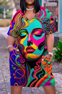 Colour Casual Print Patchwork Basic V Neck Short Sleeve Short Sleeve Dress