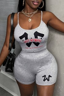 Grey Sexy Casual Print Backless Spaghetti Strap Sleeveless Two Pieces