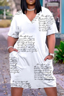 White Casual Print Basic V Neck Short Sleeve Short Sleeve Dress